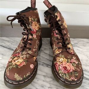 Dr Doc Martens Floral Boots 7 EU 38 Brown Red Pink Canvas Docs Combat Moto 11821